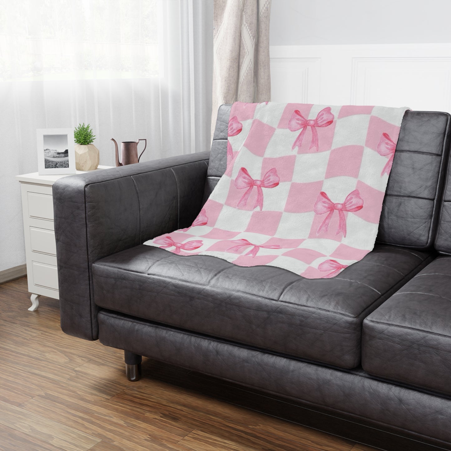Pink Bow with Checkers - Minky Blanket